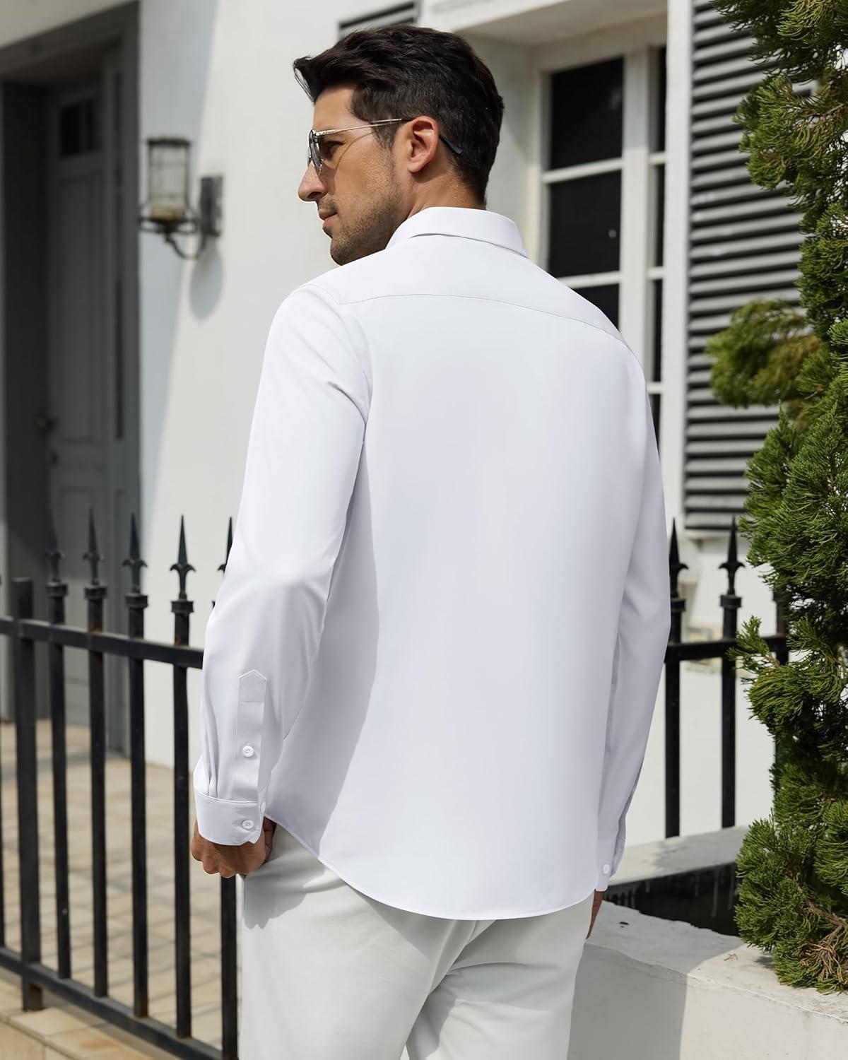 imageAlimens amp Gentle Mens Dress Shirts Wrinkle Free Long Sleeve Stretch Button Down Shirt for Business Casual WeddingWhite