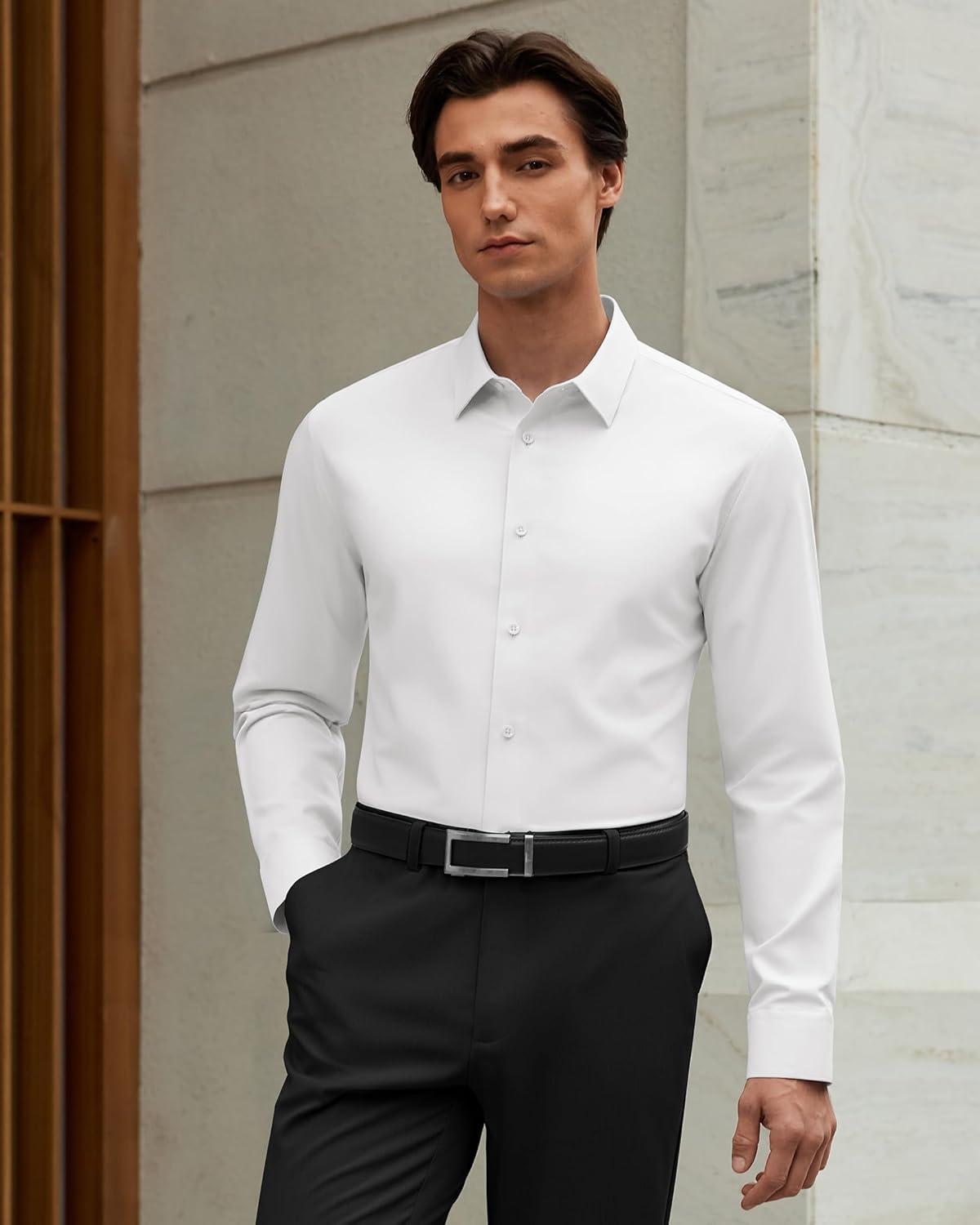 imageAlimens amp Gentle Mens Premium Dress Shirt Cotton Moisture Wicking Performence Wrinkle Free Button Down ShirtsWhite