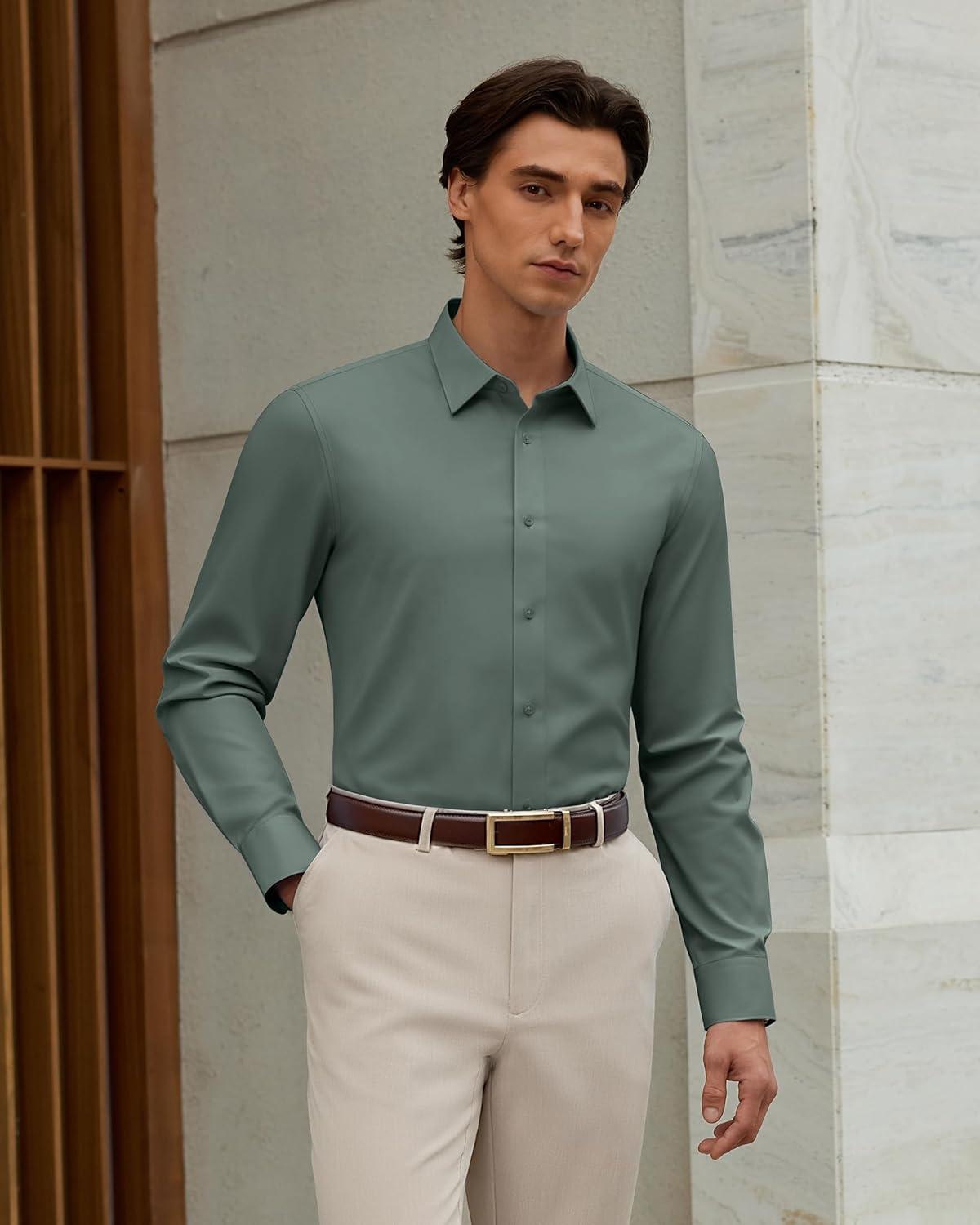 imageAlimens amp Gentle Mens Premium Dress Shirt Silk Modal Performence Wrinkle Free Button Down ShirtsGreen