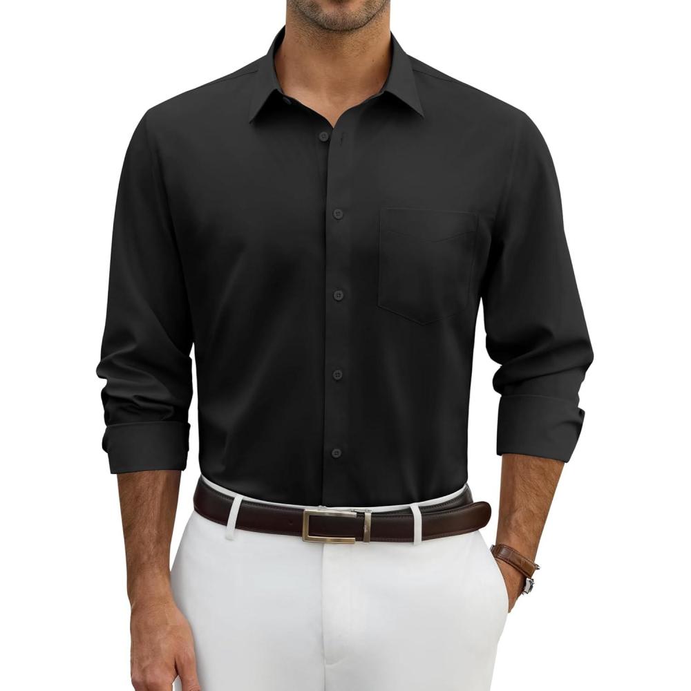 imageAlimens amp Gentle Mens Dress Shirts Wrinkle Free Long Sleeve Stretch Button Down Shirt for Business Casual WeddingBlack