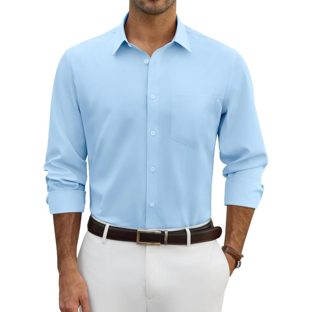imageAlimens amp Gentle Mens Dress Shirts Wrinkle Free Long Sleeve Stretch Button Down Shirt for Business Casual WeddingBlue