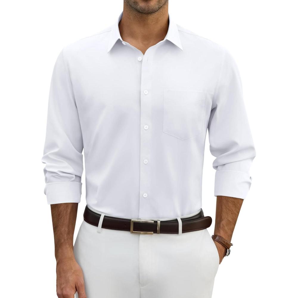 imageAlimens amp Gentle Mens Dress Shirts Wrinkle Free Long Sleeve Stretch Button Down Shirt for Business Casual WeddingWhite