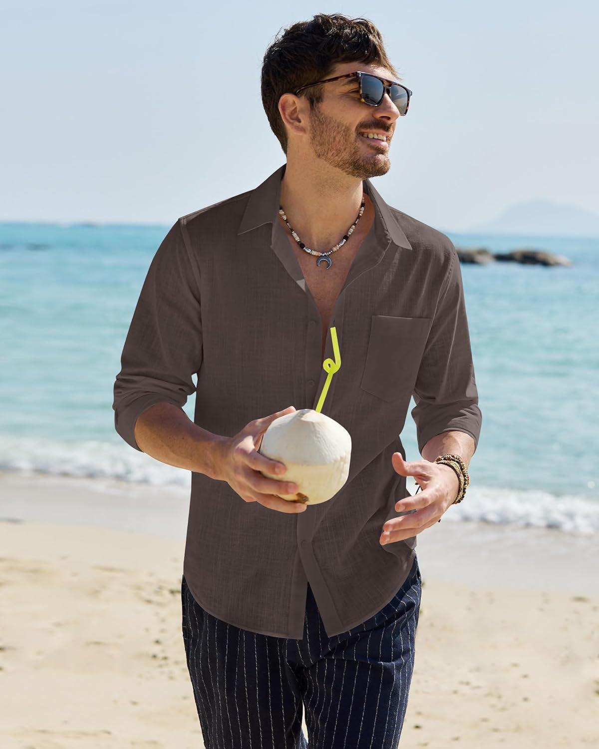 imageAlimens amp Gentle Mens Cotton Linen Textured Shirt Long Sleeve Button Down Shirts Casual Summer Beach Wedding Tops with PocketBrown