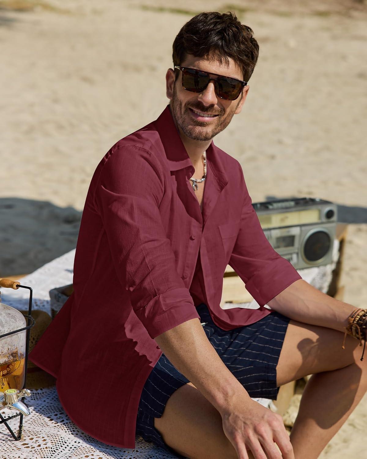 imageAlimens amp Gentle Mens Cotton Linen Textured Shirt Long Sleeve Button Down Shirts Casual Summer Beach Wedding Tops with PocketBurgundy