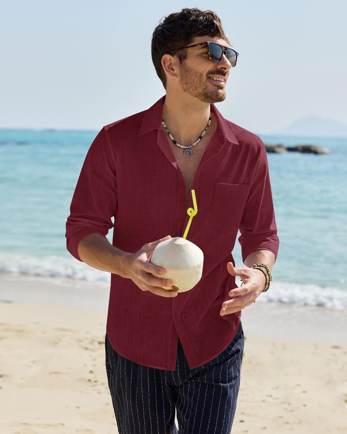 imageAlimens amp Gentle Mens Cotton Linen Textured Shirt Long Sleeve Button Down Shirts Casual Summer Beach Wedding Tops with PocketBurgundy