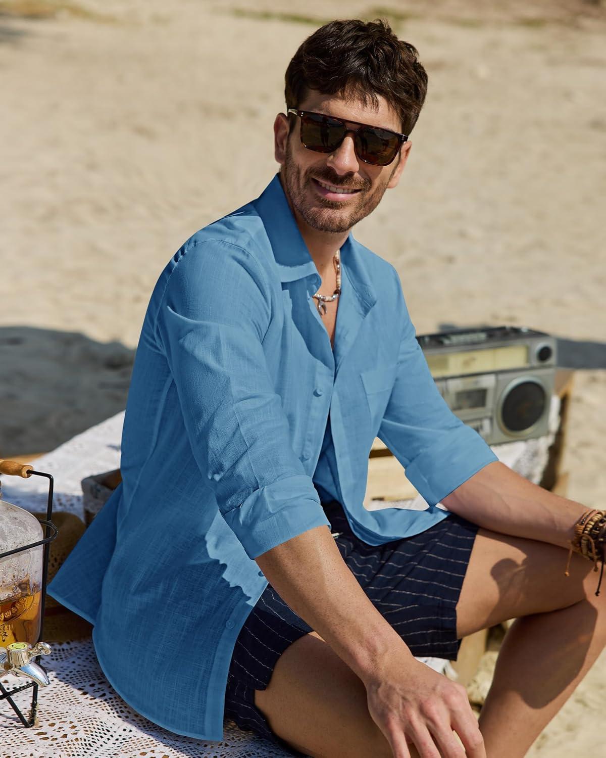 imageAlimens amp Gentle Mens Cotton Linen Textured Shirt Long Sleeve Button Down Shirts Casual Summer Beach Wedding Tops with PocketDusty Blue