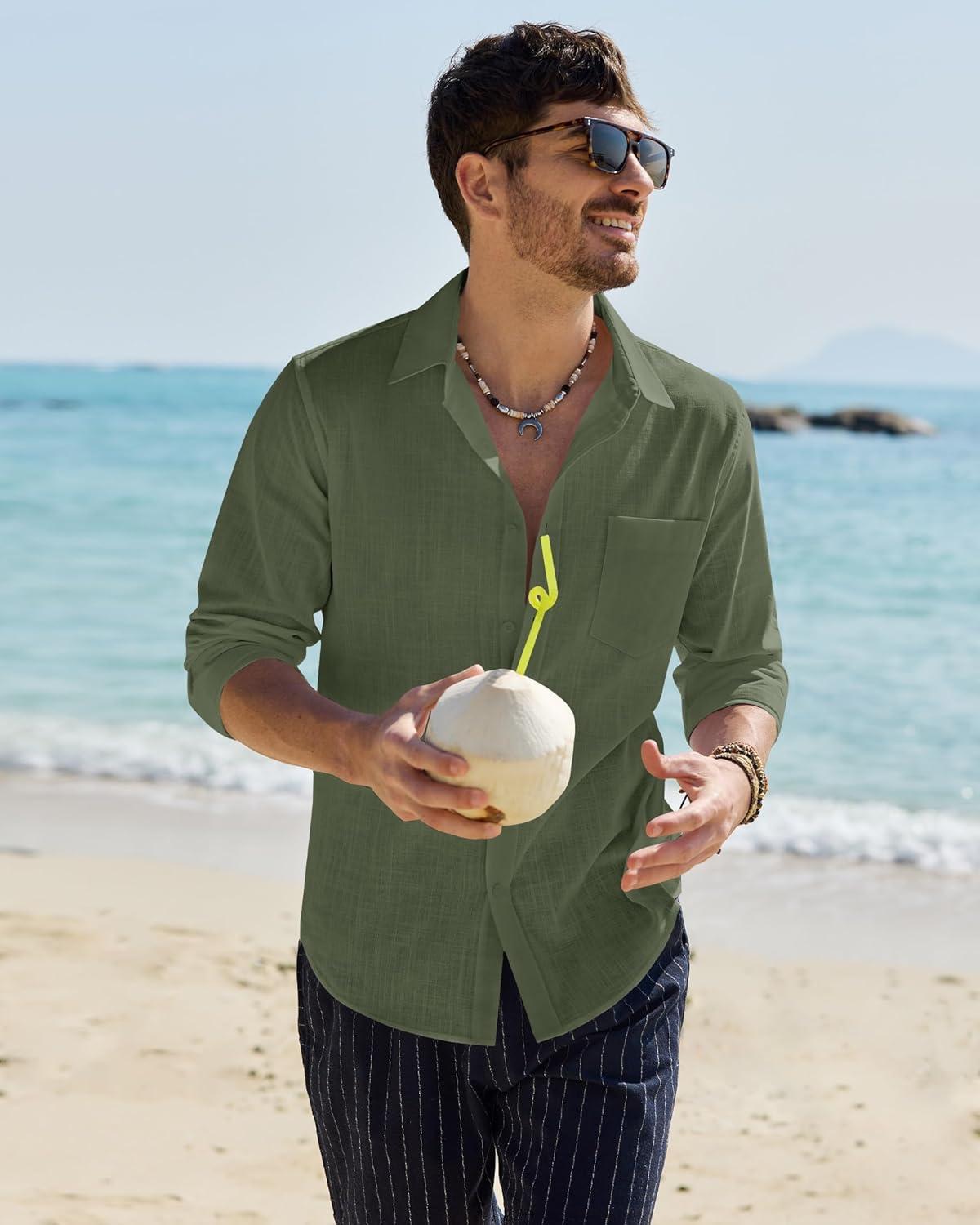 imageAlimens amp Gentle Mens Cotton Linen Textured Shirt Long Sleeve Button Down Shirts Casual Summer Beach Wedding Tops with PocketGreen