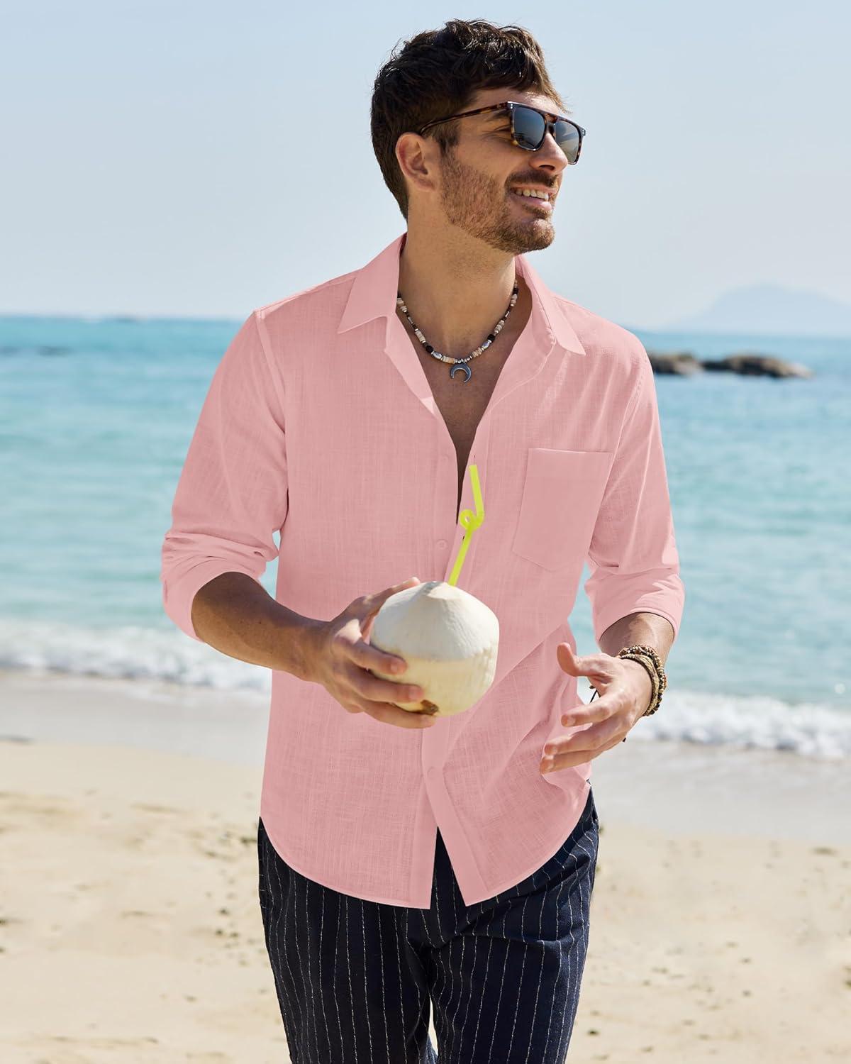 imageAlimens amp Gentle Mens Cotton Linen Textured Shirt Long Sleeve Button Down Shirts Casual Summer Beach Wedding Tops with PocketGrey Pink