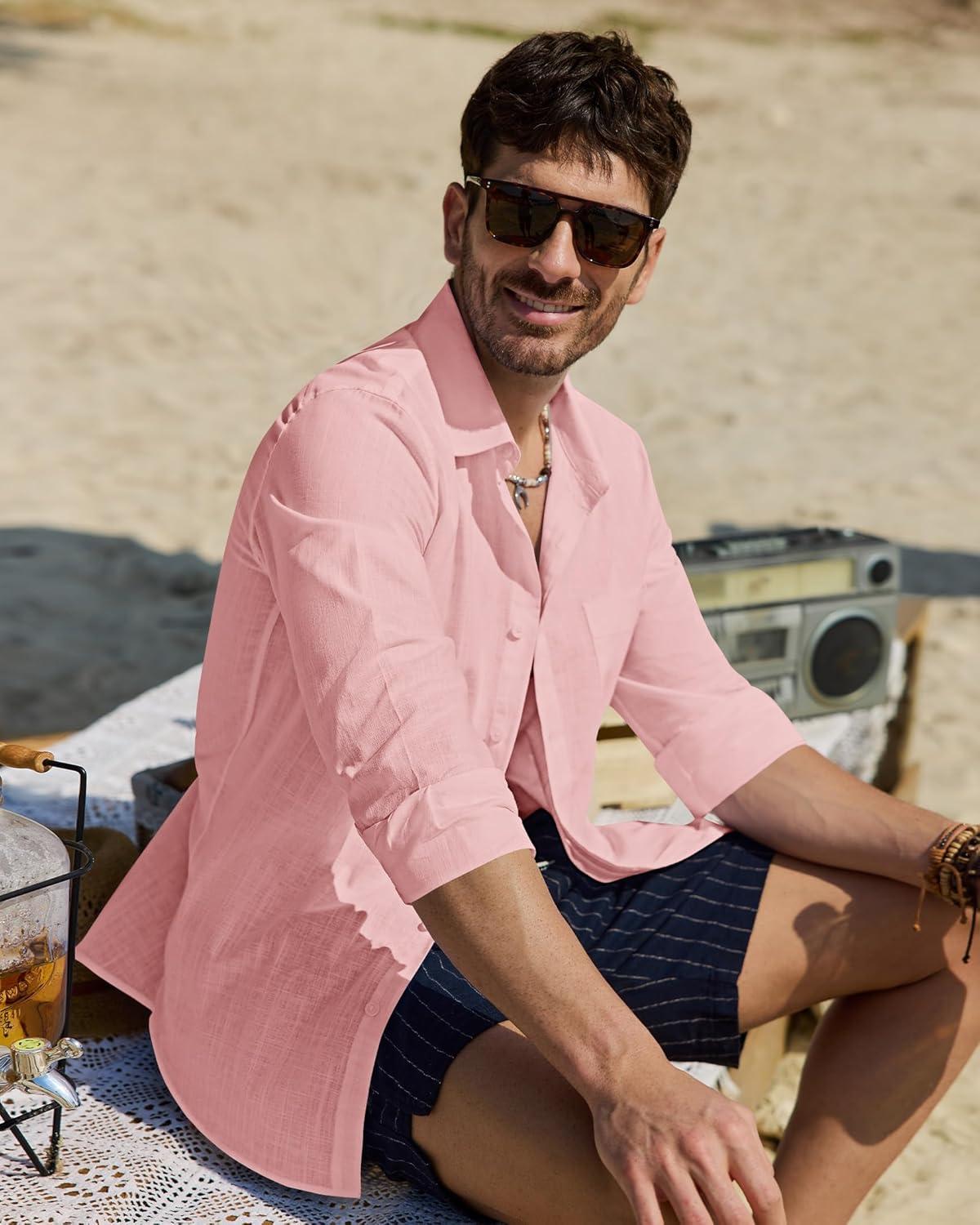 imageAlimens amp Gentle Mens Cotton Linen Textured Shirt Long Sleeve Button Down Shirts Casual Summer Beach Wedding Tops with PocketGrey Pink