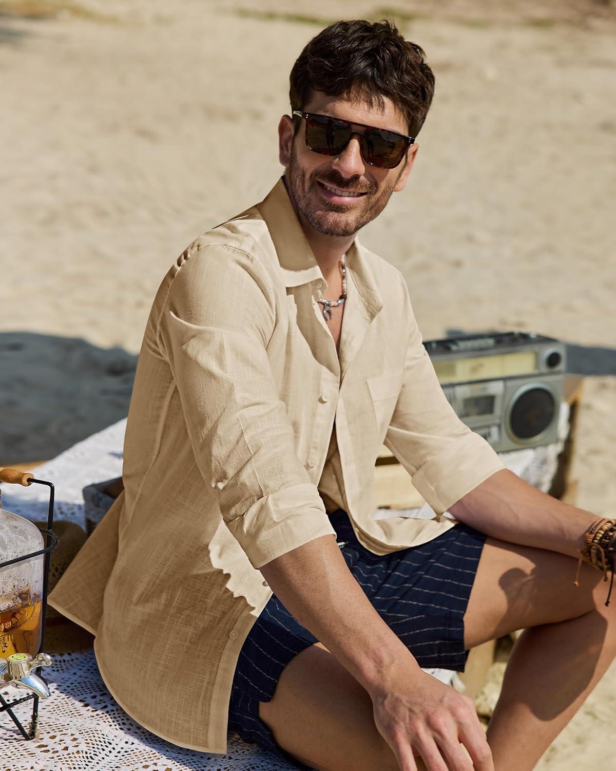 imageAlimens amp Gentle Mens Cotton Linen Textured Shirt Long Sleeve Button Down Shirts Casual Summer Beach Wedding Tops with PocketKhaki