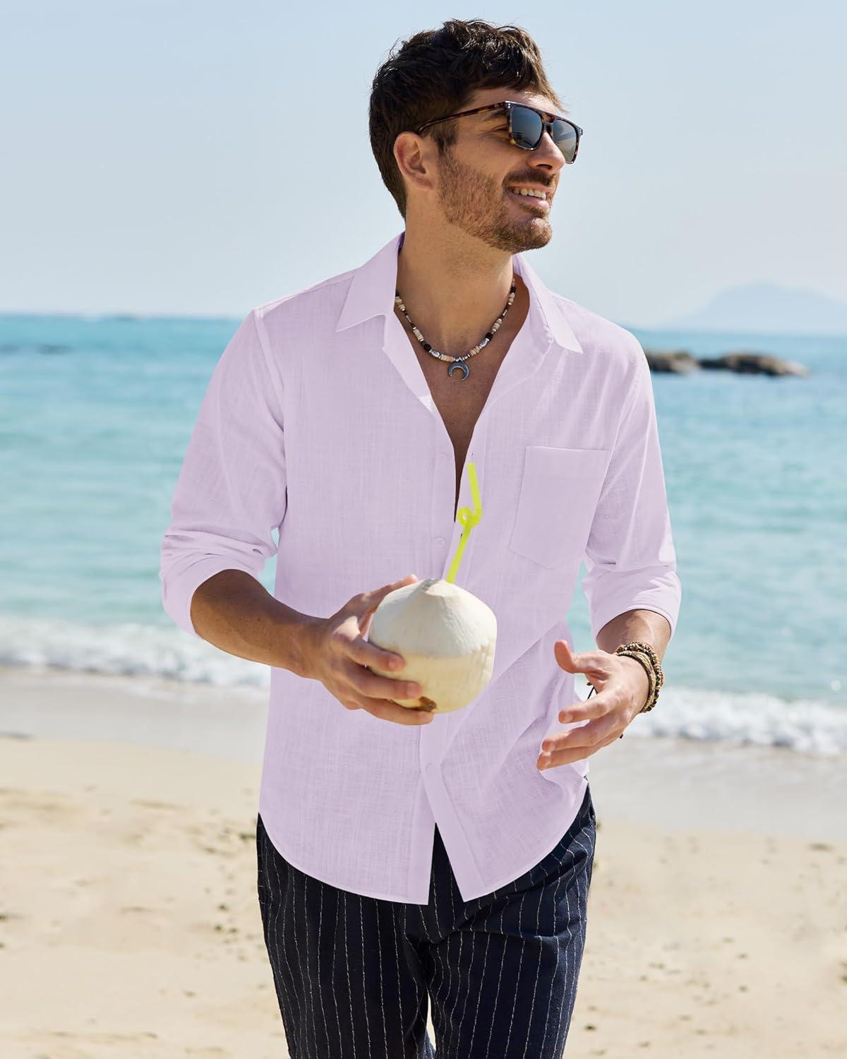 imageAlimens amp Gentle Mens Cotton Linen Textured Shirt Long Sleeve Button Down Shirts Casual Summer Beach Wedding Tops with PocketLavender