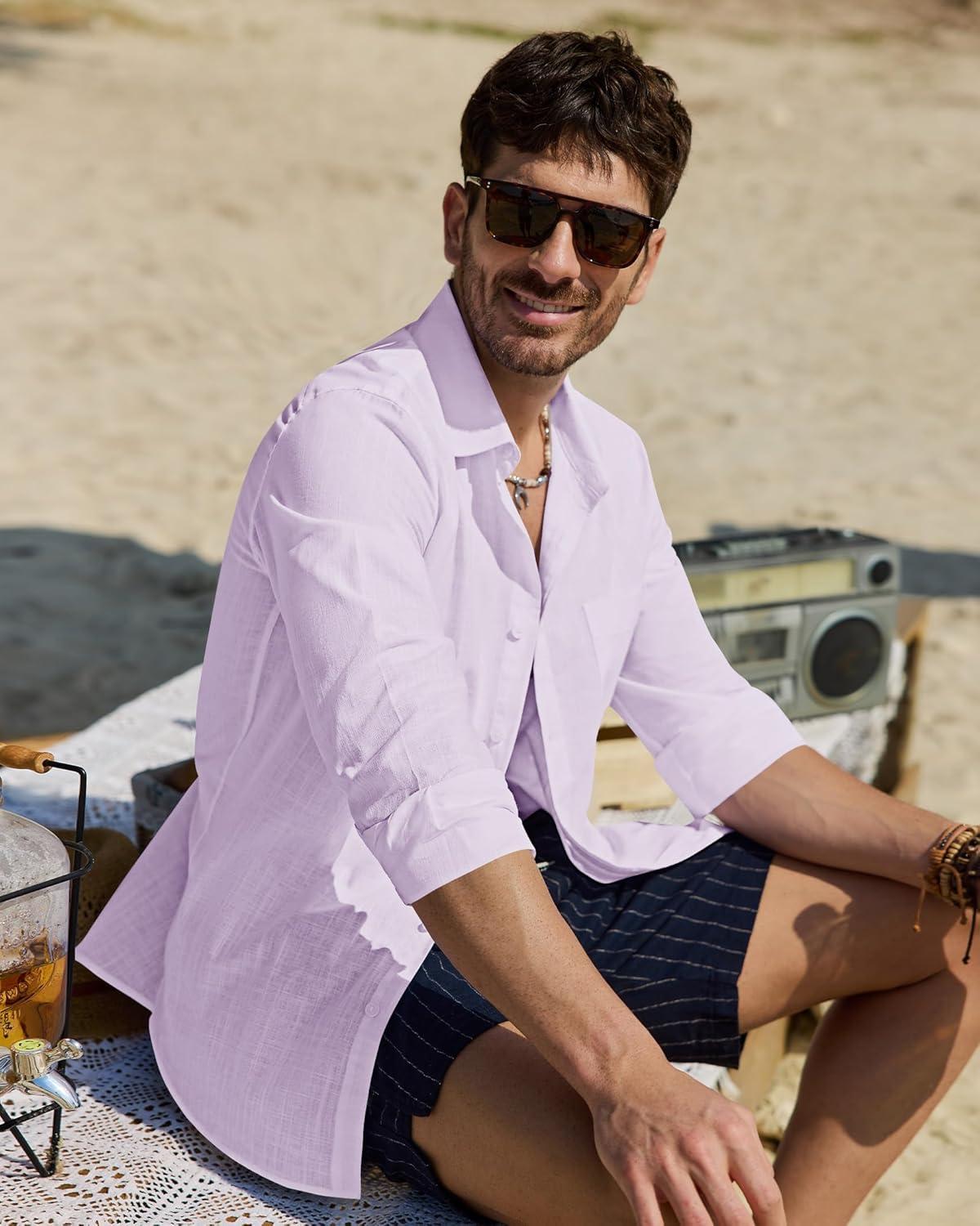 imageAlimens amp Gentle Mens Cotton Linen Textured Shirt Long Sleeve Button Down Shirts Casual Summer Beach Wedding Tops with PocketLavender