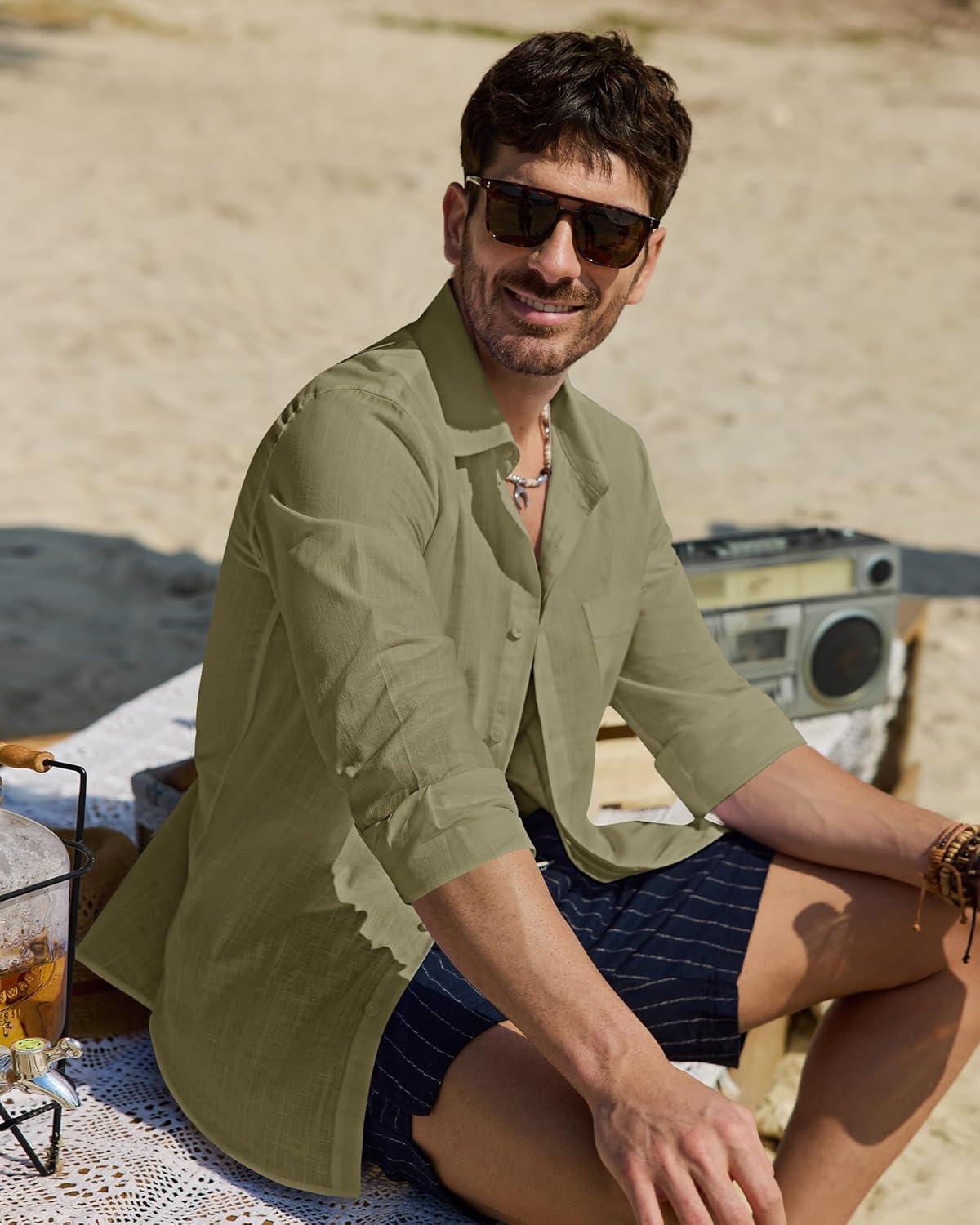 imageAlimens amp Gentle Mens Cotton Linen Textured Shirt Long Sleeve Button Down Shirts Casual Summer Beach Wedding Tops with PocketOlive Green