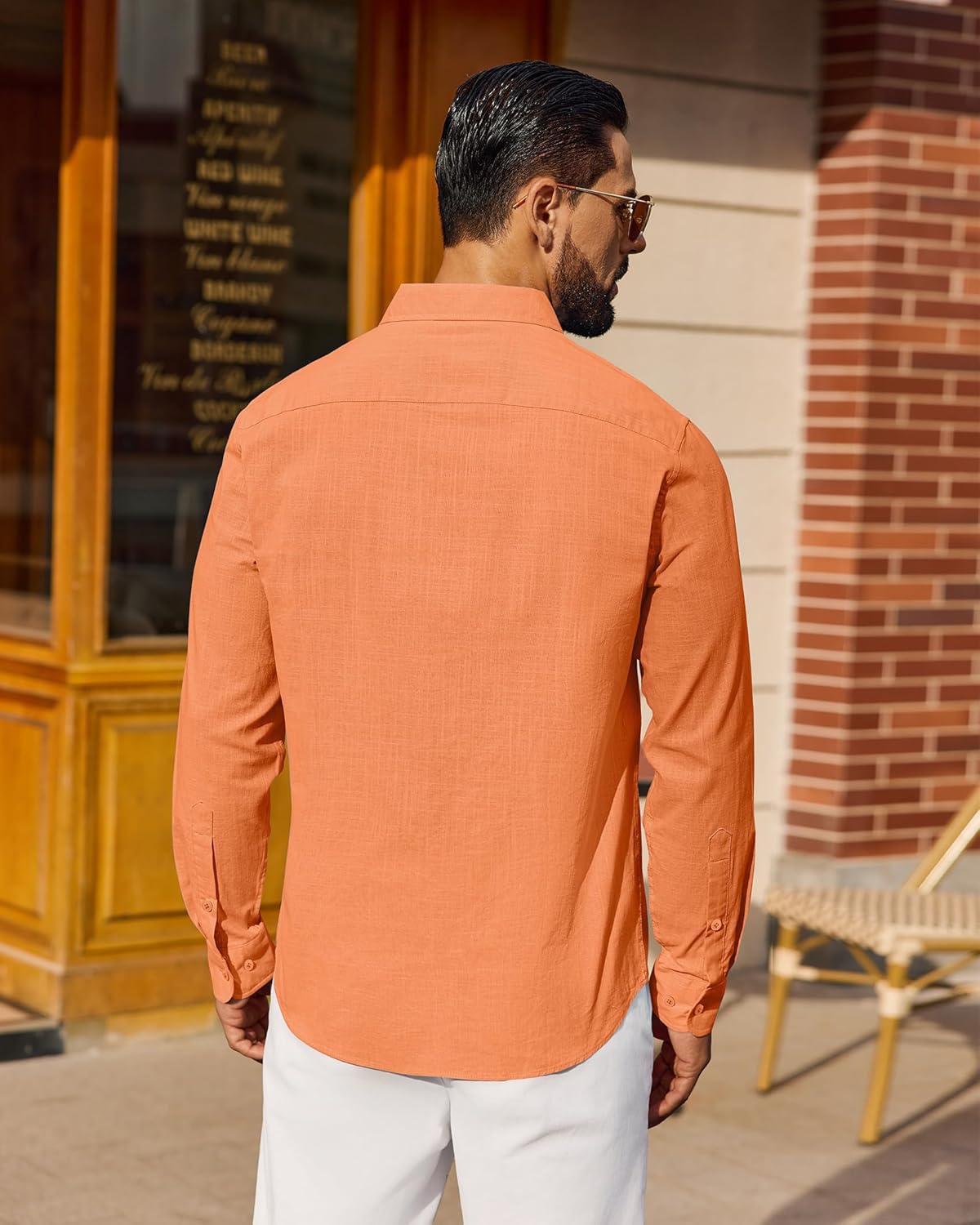 imageAlimens amp Gentle Mens Cotton Linen Textured Shirt Long Sleeve Button Down Shirts Casual Summer Beach Wedding Tops with PocketOrange