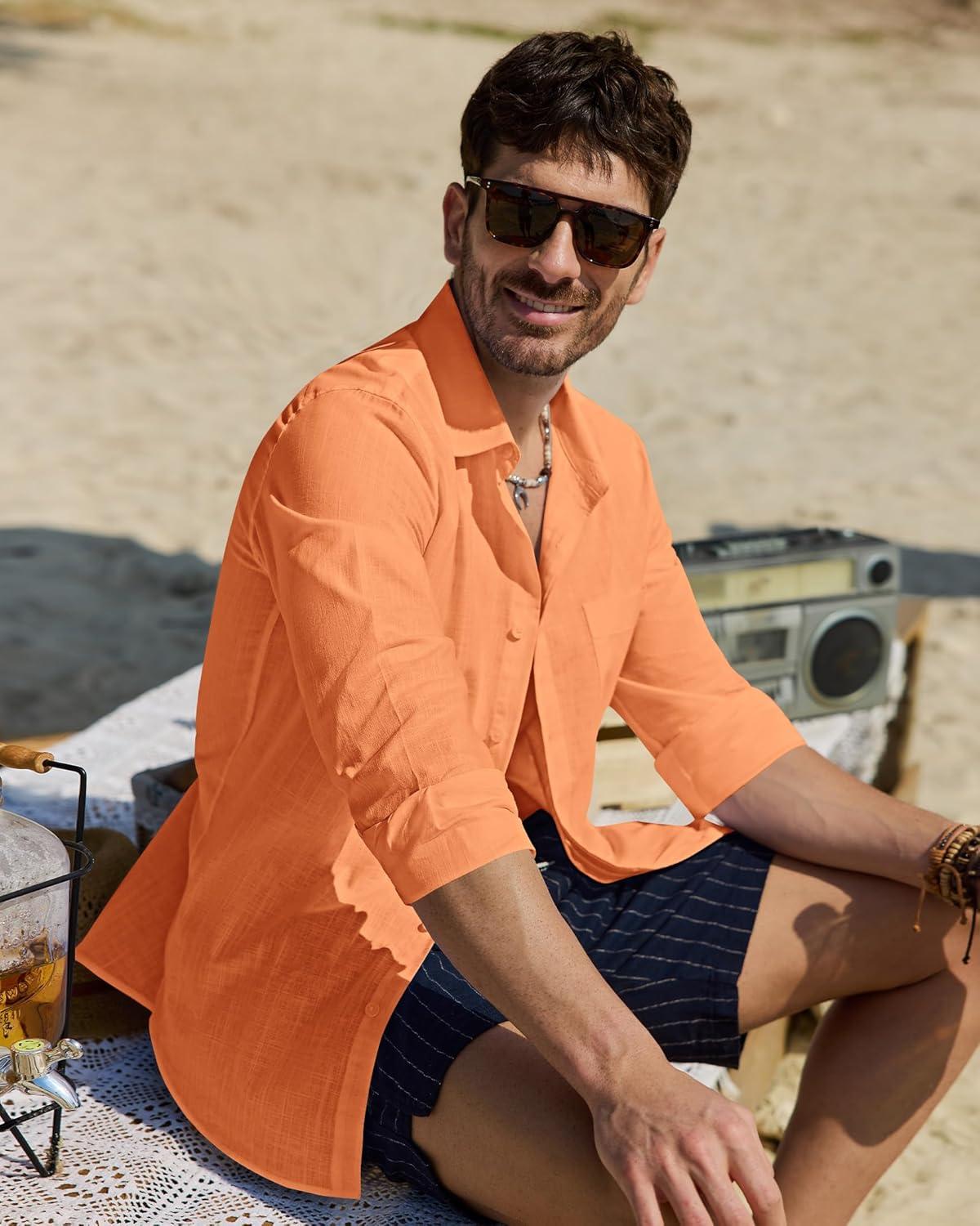 imageAlimens amp Gentle Mens Cotton Linen Textured Shirt Long Sleeve Button Down Shirts Casual Summer Beach Wedding Tops with PocketOrange