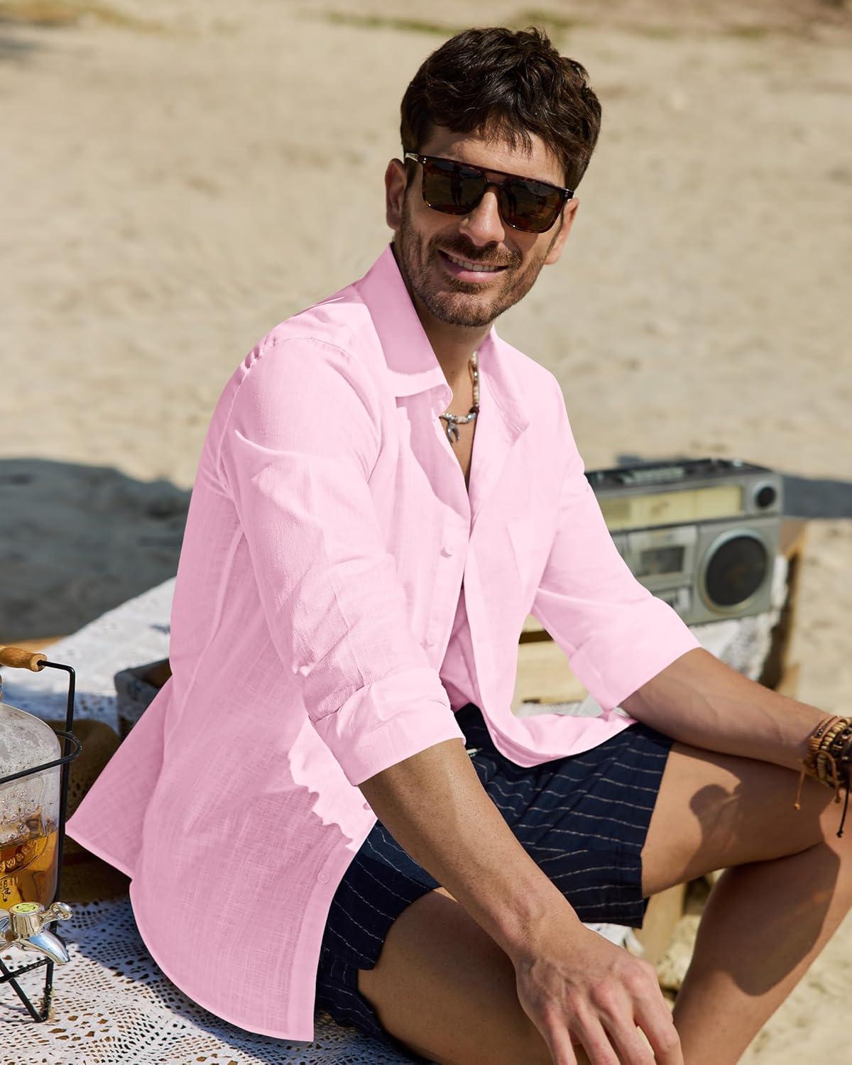 imageAlimens amp Gentle Mens Cotton Linen Textured Shirt Long Sleeve Button Down Shirts Casual Summer Beach Wedding Tops with PocketPink