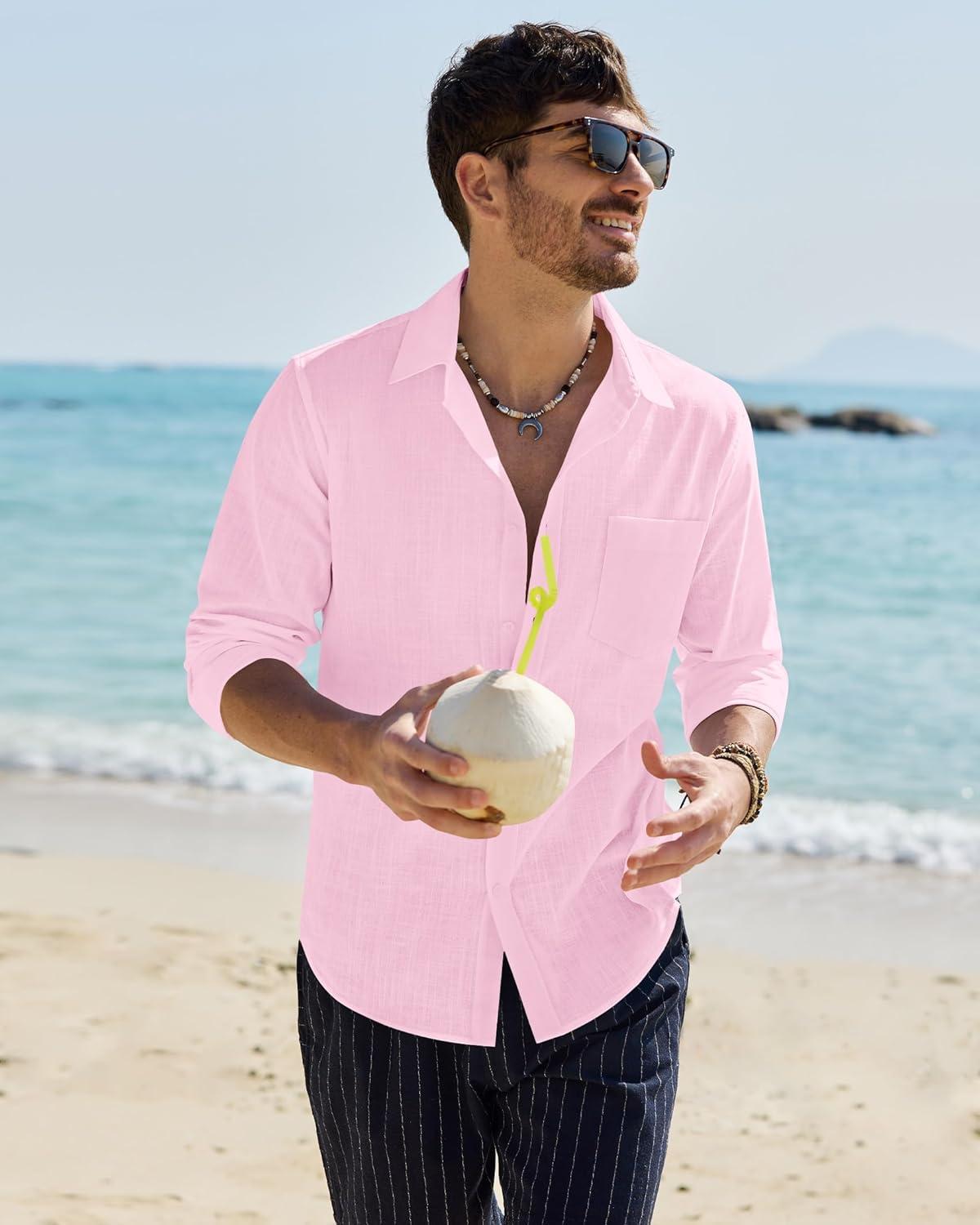 imageAlimens amp Gentle Mens Cotton Linen Textured Shirt Long Sleeve Button Down Shirts Casual Summer Beach Wedding Tops with PocketPink