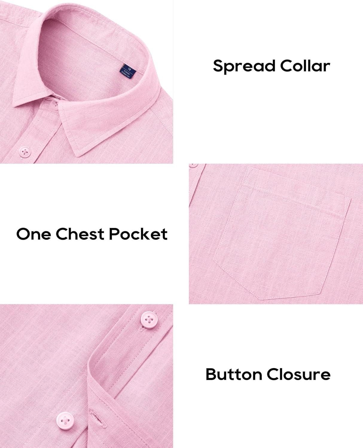 imageAlimens amp Gentle Mens Cotton Linen Textured Shirt Long Sleeve Button Down Shirts Casual Summer Beach Wedding Tops with PocketPink
