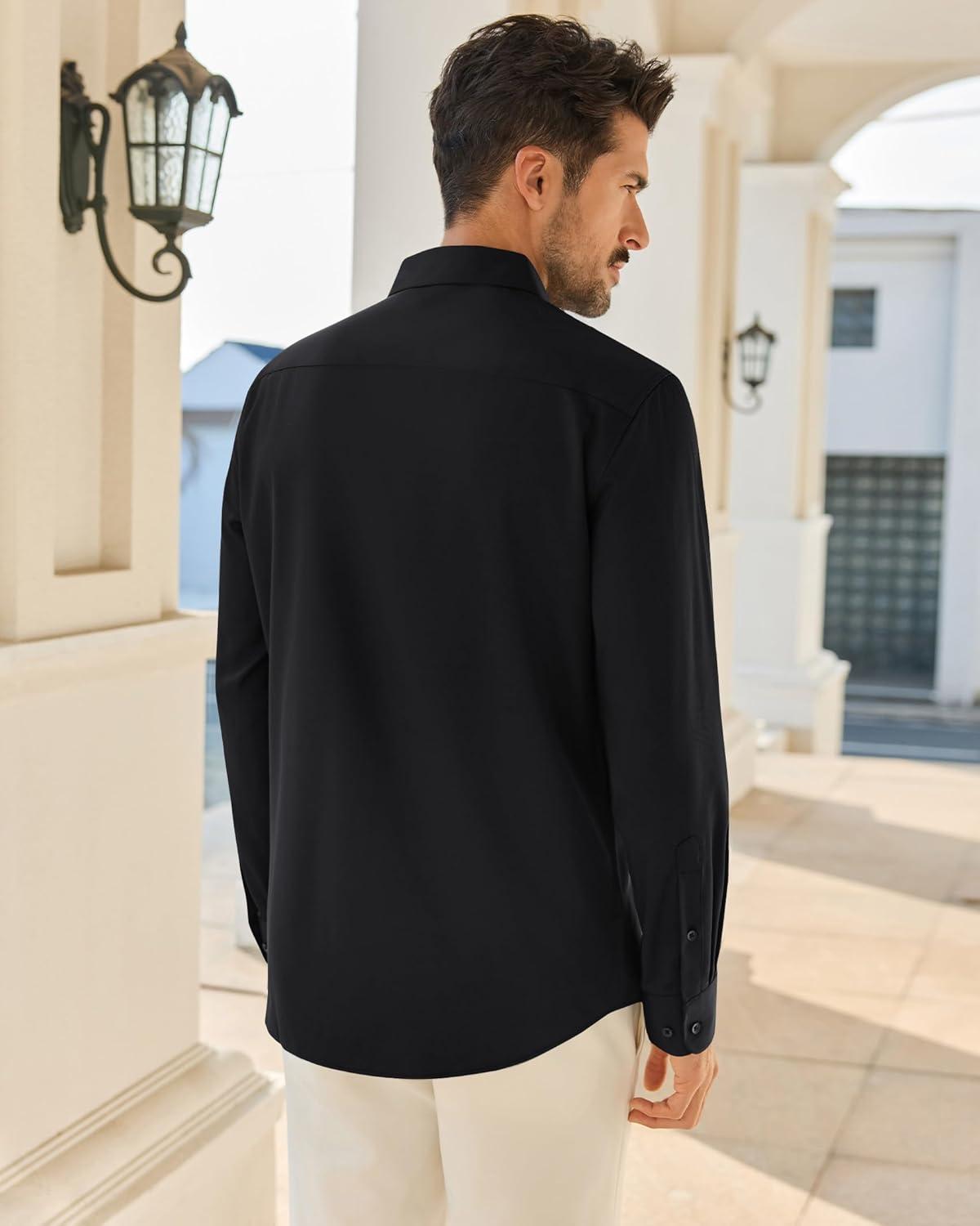 imageAlimens amp Gentle Mens Dress Shirts Wrinkle Free Long Sleeve Button Down Shirt Solid Sun Protection Wedding Business ShirtBlack