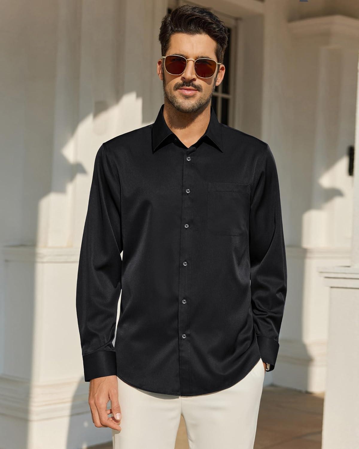 imageAlimens amp Gentle Mens Dress Shirts Wrinkle Free Long Sleeve Button Down Shirt Solid Sun Protection Wedding Business ShirtBlack