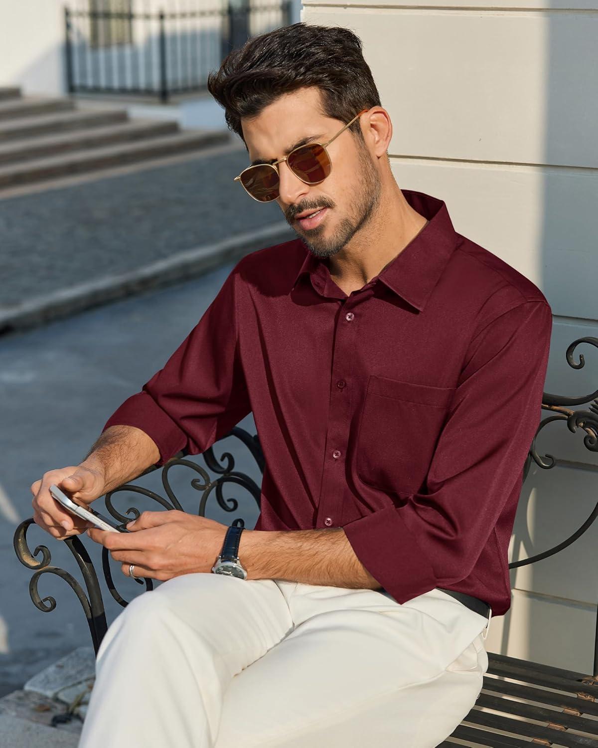 imageAlimens amp Gentle Mens Dress Shirts Wrinkle Free Long Sleeve Button Down Shirt Solid Sun Protection Wedding Business ShirtBurgundy