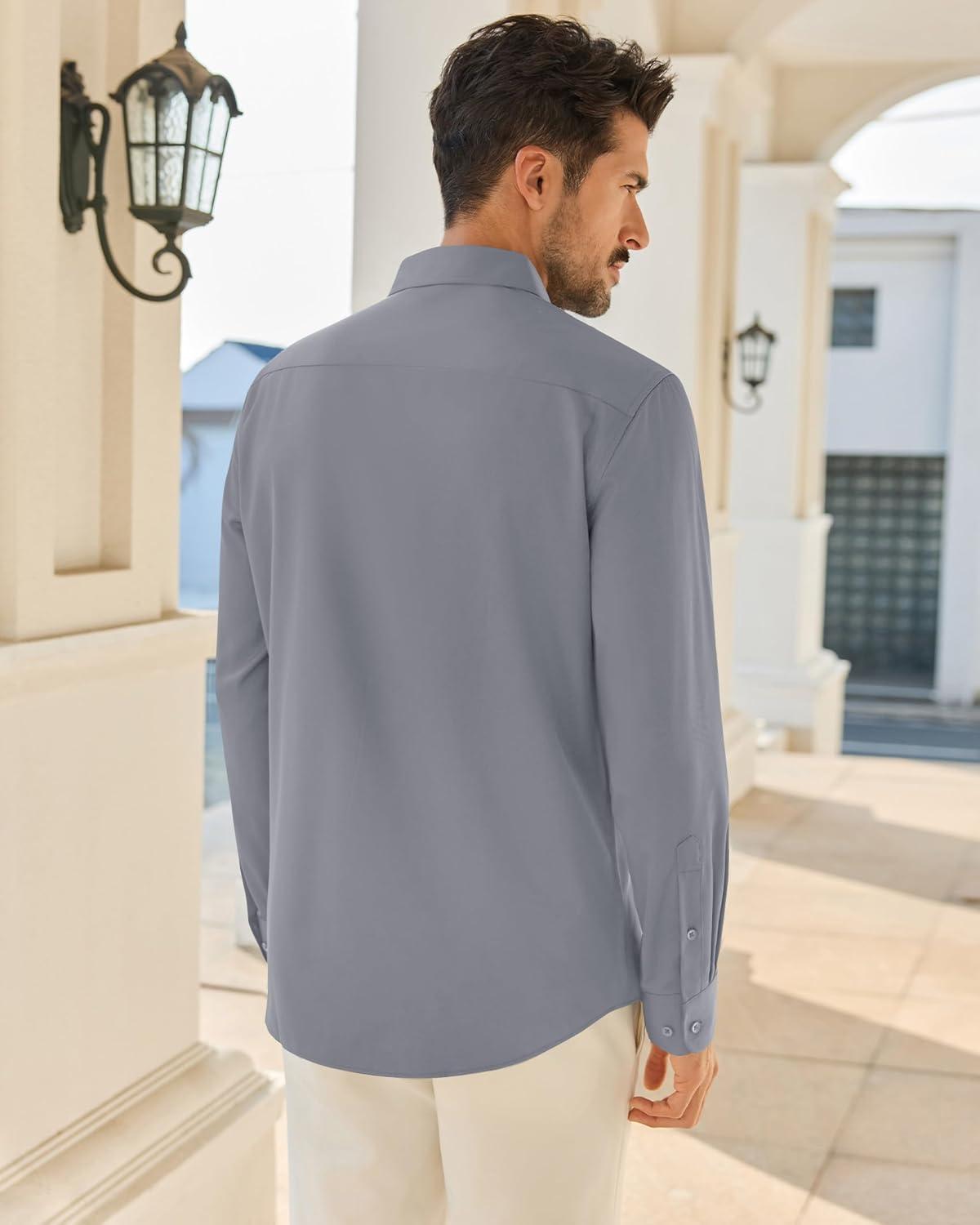 imageAlimens amp Gentle Mens Dress Shirts Wrinkle Free Long Sleeve Button Down Shirt Solid Sun Protection Wedding Business ShirtGrey