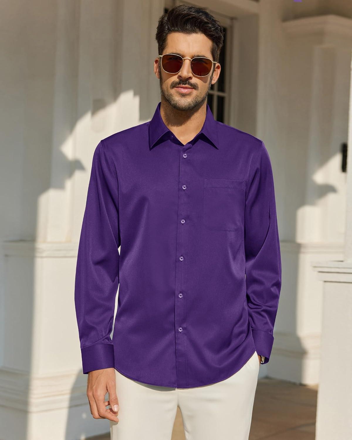 imageAlimens amp Gentle Mens Dress Shirts Wrinkle Free Long Sleeve Button Down Shirt Solid Sun Protection Wedding Business ShirtPurple