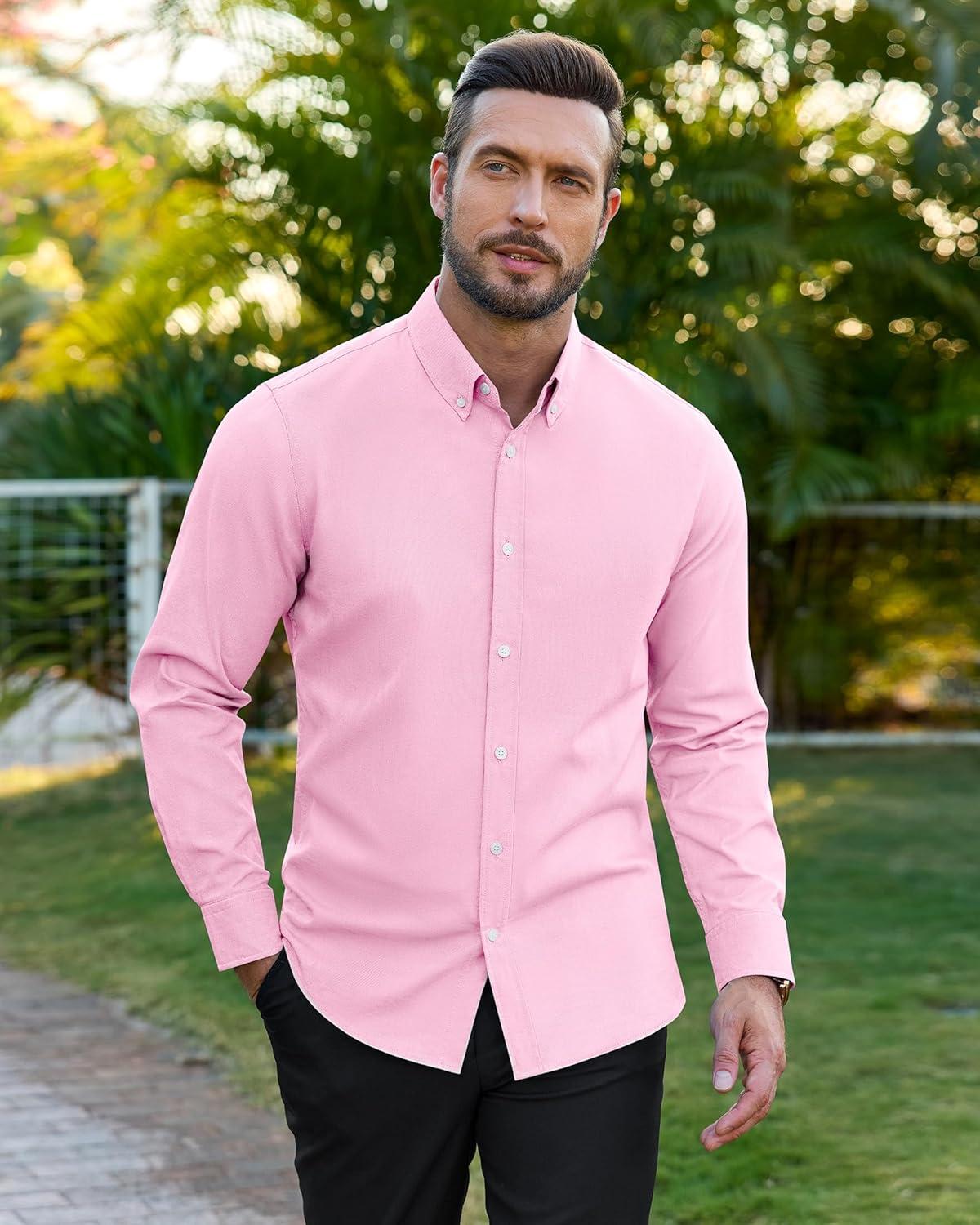imageAlimens amp Gentle Mens Oxford Shirts Stretch Long Sleeve Dress Shirt for Men Casual Business Work Solid Button Down ShirtsPink