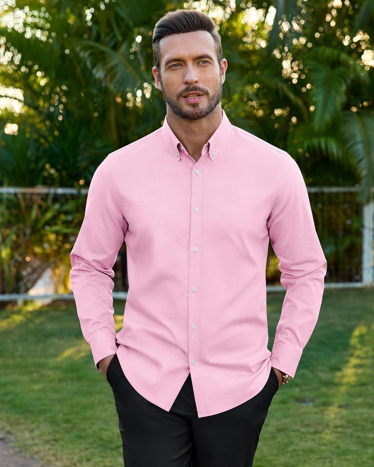imageAlimens amp Gentle Mens Oxford Shirts Stretch Long Sleeve Dress Shirt for Men Casual Business Work Solid Button Down ShirtsPink