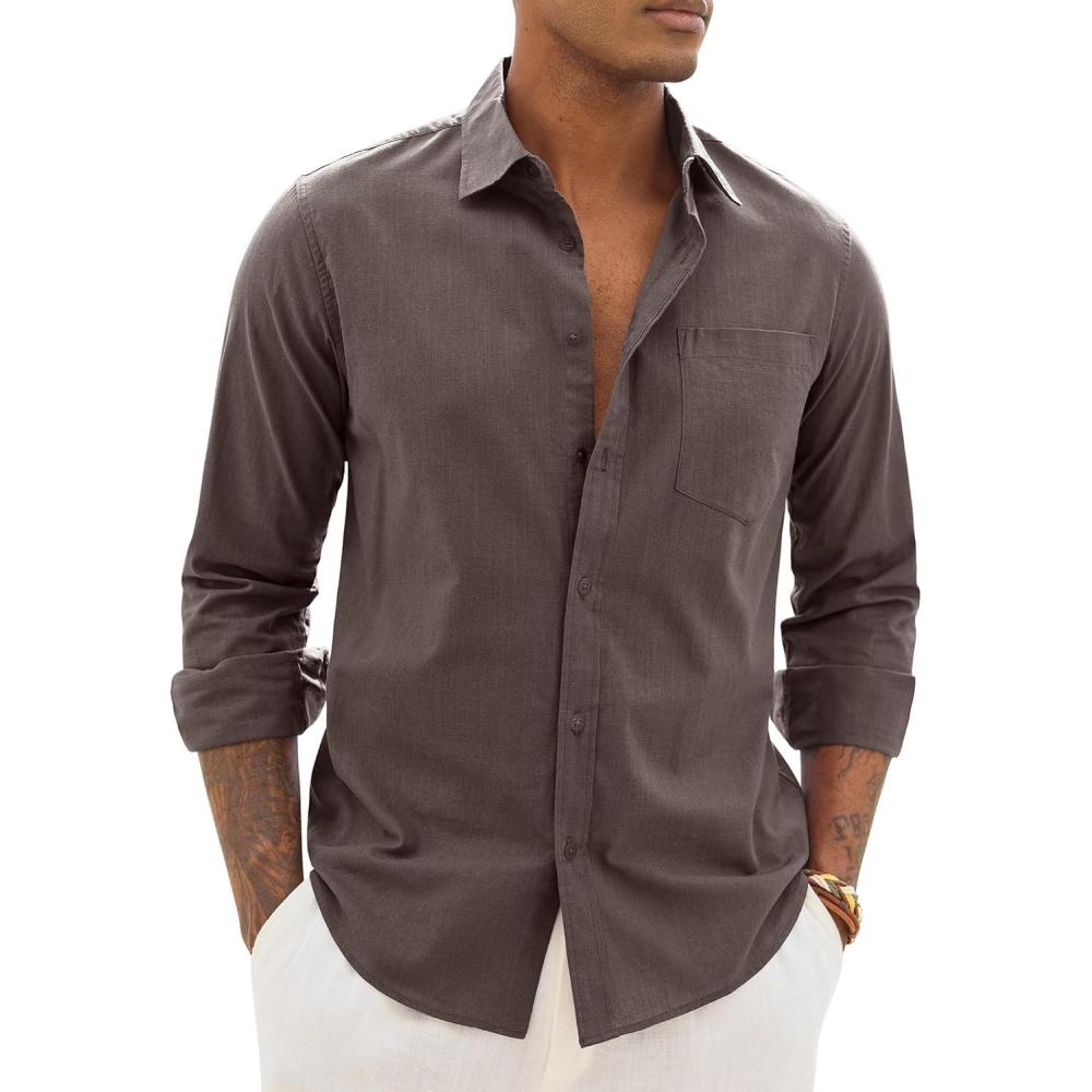 imageAlimens amp Gentle Mens Cotton Linen Textured Shirt Long Sleeve Button Down Shirts Casual Summer Beach Wedding Tops with PocketBrown