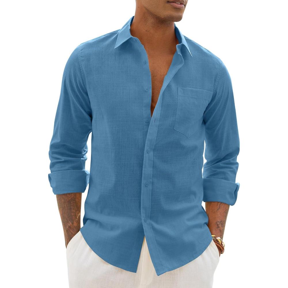 imageAlimens amp Gentle Mens Cotton Linen Textured Shirt Long Sleeve Button Down Shirts Casual Summer Beach Wedding Tops with PocketDusty Blue