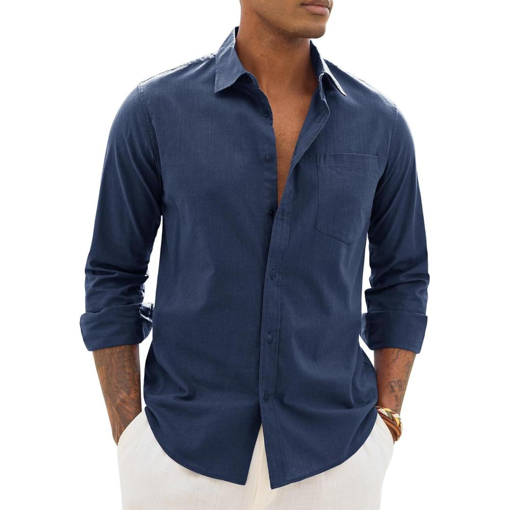 imageAlimens amp Gentle Mens Cotton Linen Textured Shirt Long Sleeve Button Down Shirts Casual Summer Beach Wedding Tops with PocketNavy Blue