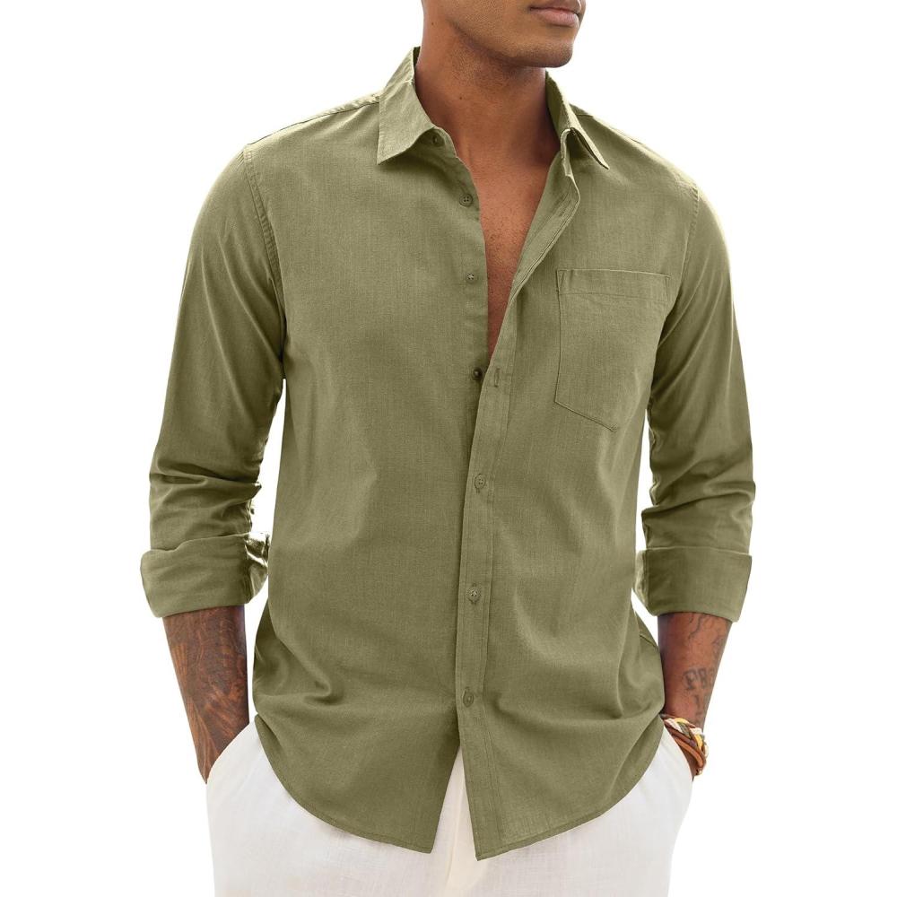 imageAlimens amp Gentle Mens Cotton Linen Textured Shirt Long Sleeve Button Down Shirts Casual Summer Beach Wedding Tops with PocketOlive Green