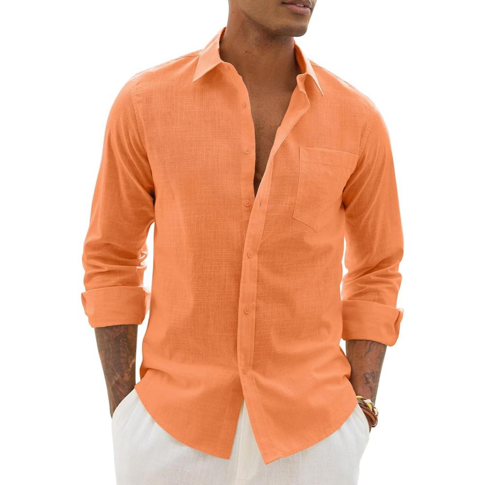 imageAlimens amp Gentle Mens Cotton Linen Textured Shirt Long Sleeve Button Down Shirts Casual Summer Beach Wedding Tops with PocketOrange