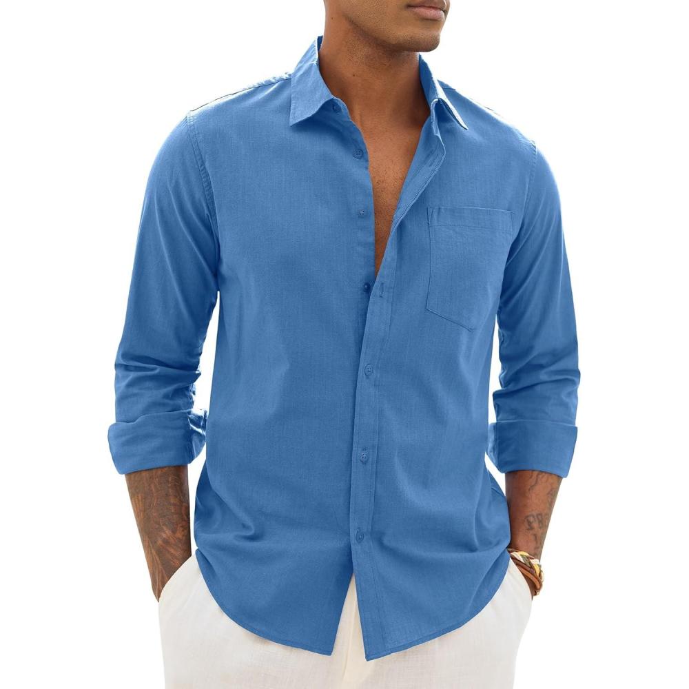 imageAlimens amp Gentle Mens Cotton Linen Textured Shirt Long Sleeve Button Down Shirts Casual Summer Beach Wedding Tops with PocketRoyal Blue