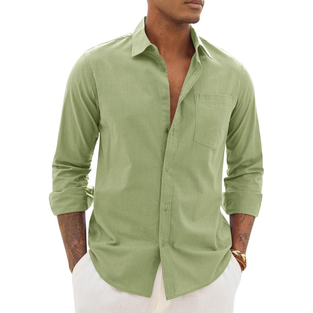 imageAlimens amp Gentle Mens Cotton Linen Textured Shirt Long Sleeve Button Down Shirts Casual Summer Beach Wedding Tops with PocketSage Green