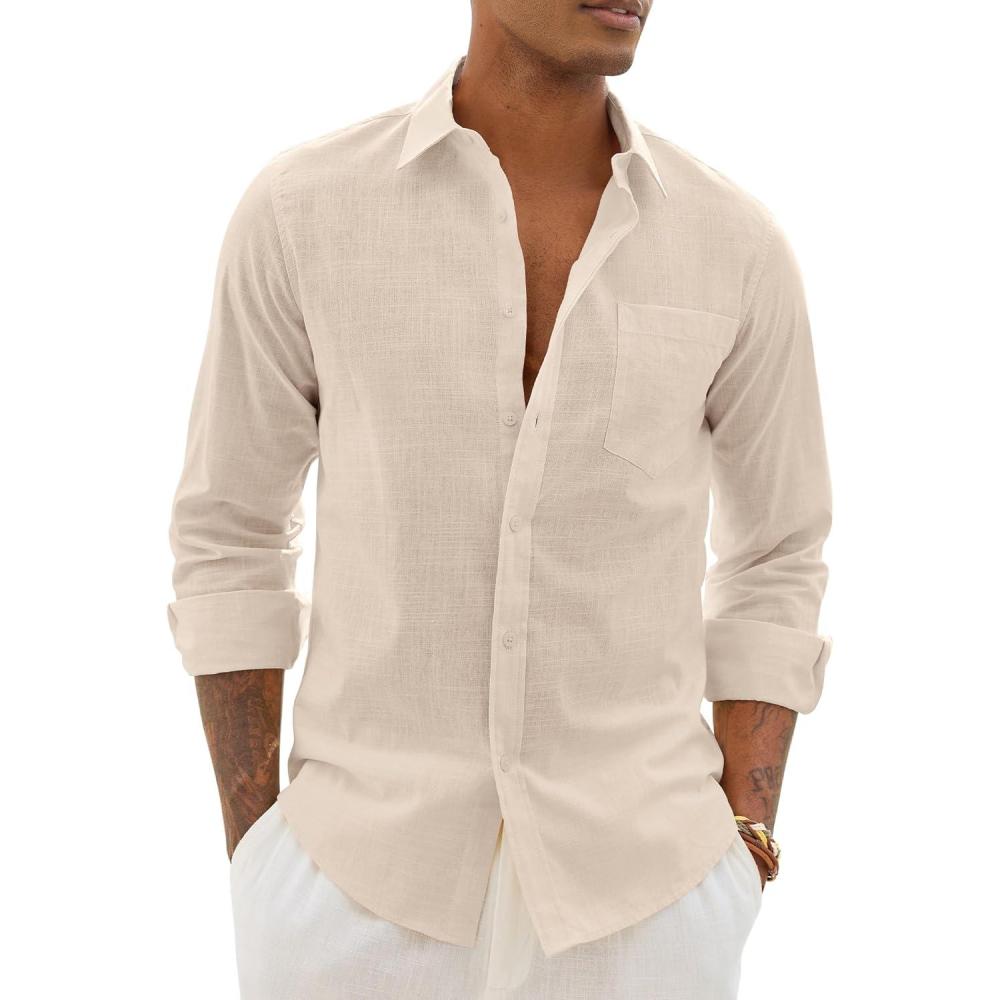 imageAlimens amp Gentle Mens Cotton Linen Textured Shirt Long Sleeve Button Down Shirts Casual Summer Beach Wedding Tops with PocketTan