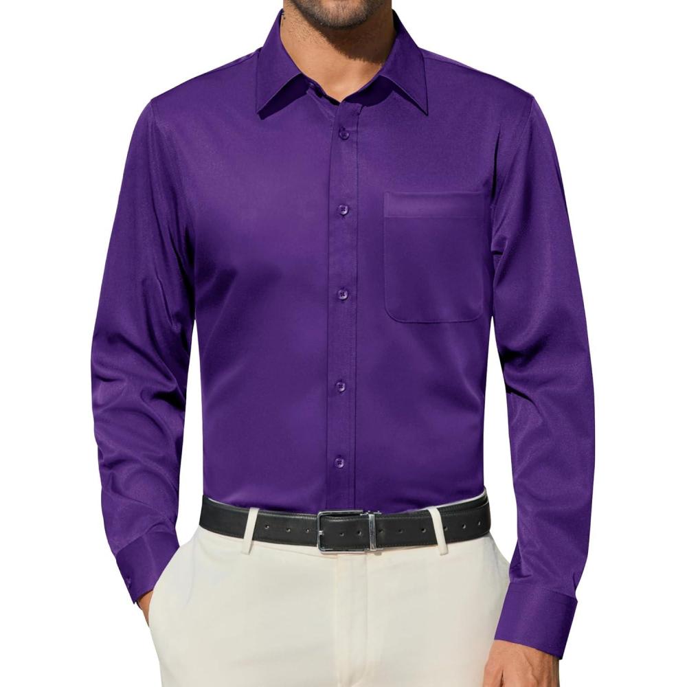 imageAlimens amp Gentle Mens Dress Shirts Wrinkle Free Long Sleeve Button Down Shirt Solid Sun Protection Wedding Business ShirtPurple