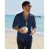 Alimens & Gentle Mens Cotton Linen Textured Shirt Long Sleeve Button Down Shirts Casual Summer Beach Wedding Tops with Pocket(Navy Blue)