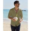 Alimens & Gentle Mens Cotton Linen Textured Shirt Long Sleeve Button Down Shirts Casual Summer Beach Wedding Tops with Pocket(Olive Green)