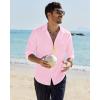 Alimens & Gentle Mens Cotton Linen Textured Shirt Long Sleeve Button Down Shirts Casual Summer Beach Wedding Tops with Pocket(Pink)