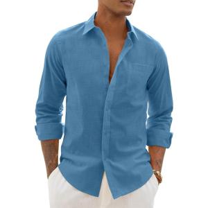 Alimens & Gentle Mens Cotton Linen Textured Shirt Long Sleeve Button Down Shirts Casual Summer Beach Wedding Tops with Pocket(Dusty Blue)