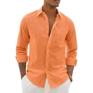 Alimens & Gentle Mens Cotton Linen Textured Shirt Long Sleeve Button Down Shirts Casual Summer Beach Wedding Tops with Pocket(Orange)