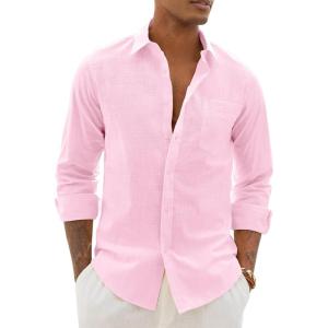 Alimens & Gentle Mens Cotton Linen Textured Shirt Long Sleeve Button Down Shirts Casual Summer Beach Wedding Tops with Pocket(Pink)