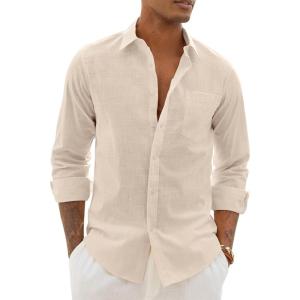 Alimens & Gentle Mens Cotton Linen Textured Shirt Long Sleeve Button Down Shirts Casual Summer Beach Wedding Tops with Pocket(Tan)