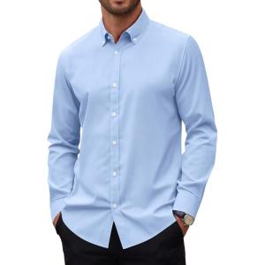 Alimens & Gentle Mens Oxford Shirts Stretch Long Sleeve Dress Shirt for Men Casual Business Work Solid Button Down Shirts(Light Blue)