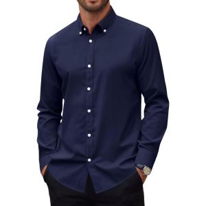 Alimens & Gentle Mens Oxford Shirts Stretch Long Sleeve Dress Shirt for Men Casual Business Work Solid Button Down Shirts(Navy Blue)