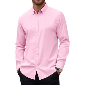 Alimens & Gentle Mens Oxford Shirts Stretch Long Sleeve Dress Shirt for Men Casual Business Work Solid Button Down Shirts(Pink)
