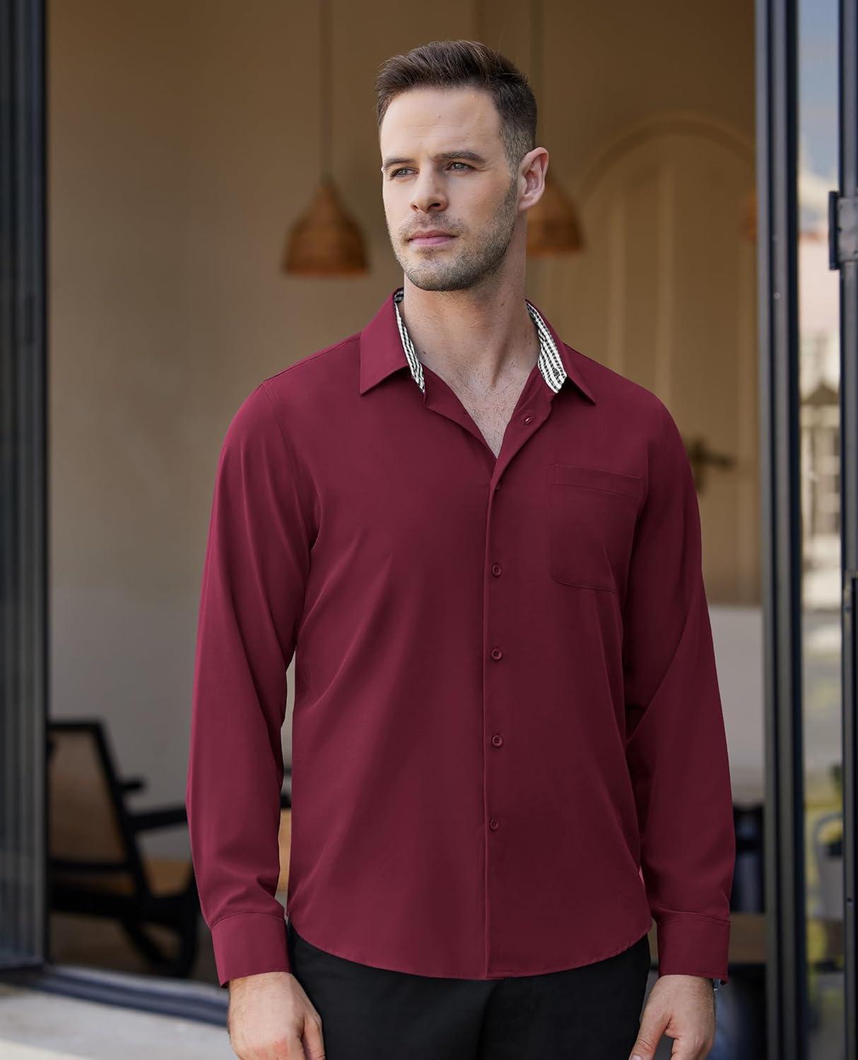 imageAlimens amp Gentle Mens Dress Shirts Long Sleeve Button Down Shirt Men Wrinkle Free Contrast Collar ShirtsBurgundy