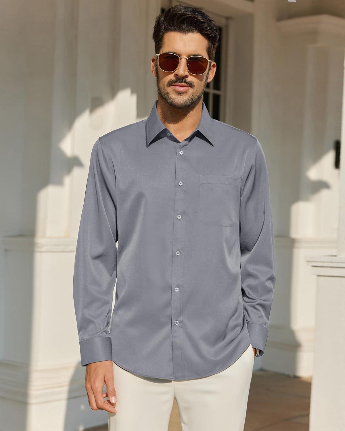 imageAlimens amp Gentle Mens Dress Shirts Stretch Long Sleeve Button Down Shirt Solid Sun Protection Wedding Business ShirtGrey